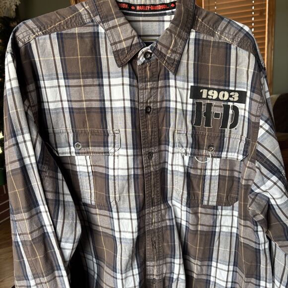 Harley Davidson Shirt Button Up Short Sleeve Brown Mechanic Biker Men's XL - Picture 3 of 8